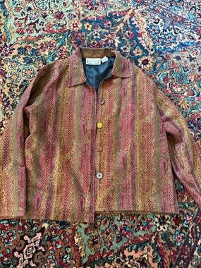 Vintage Multicolor Patterned Button-Front Jacket - Red, Green, Pink